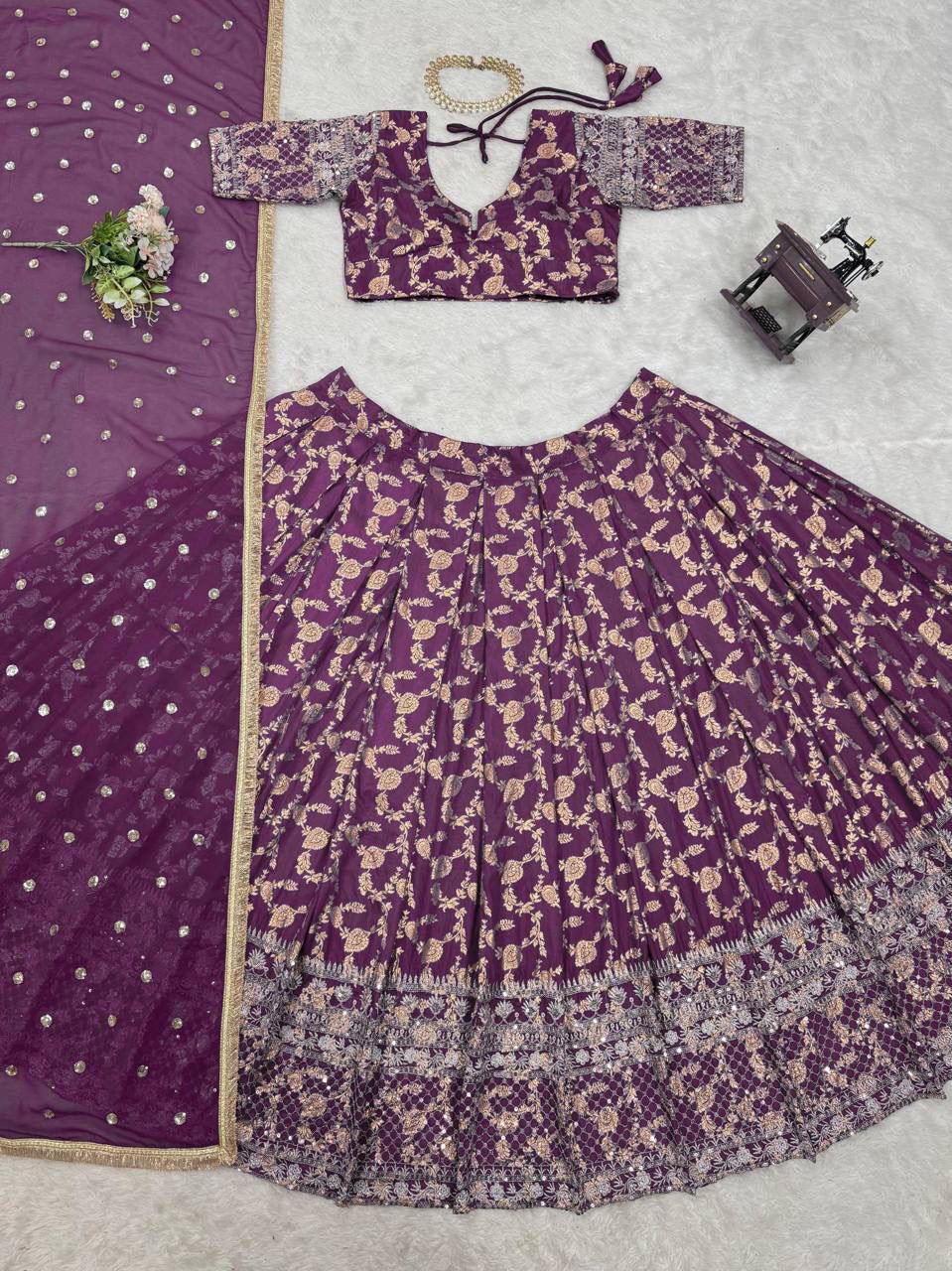 👉 Zarika Wine Zari Embroidered Lehenga Choli Set with Dupatta
