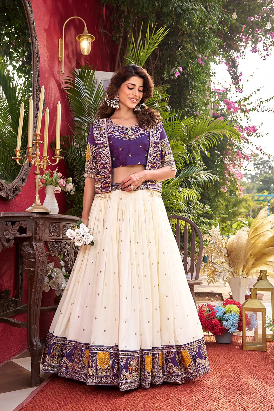 Designer Vichitra Lehenga Choli with Embroidered Koti for Women