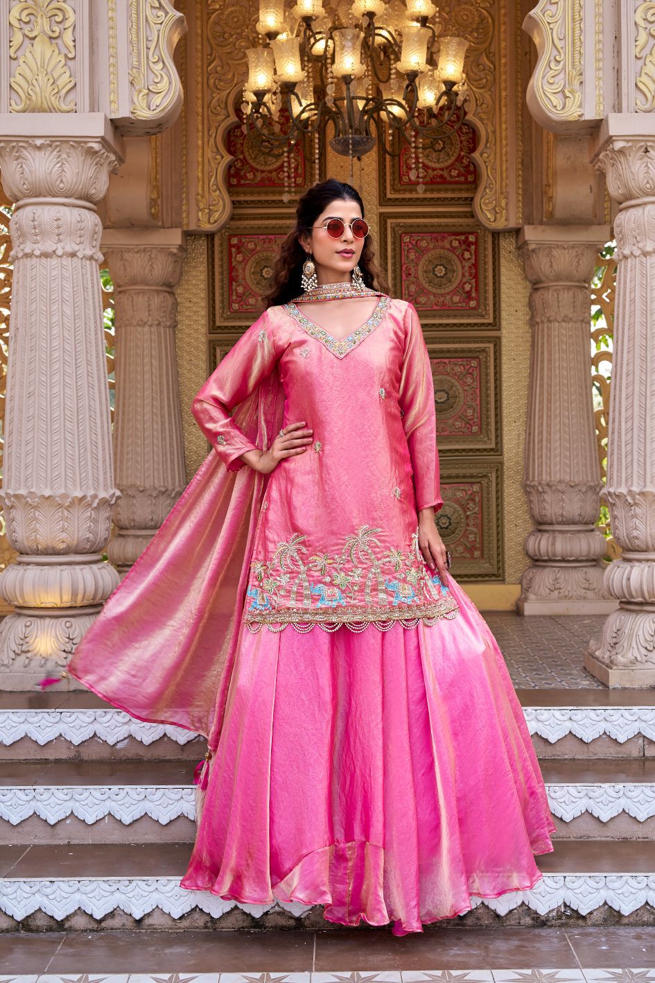 Gulnaar Embroidered Lehenga Choli Set with Dupatta (Pink & Teal)