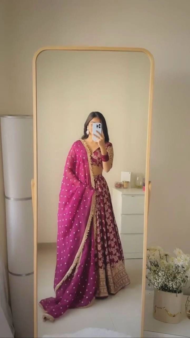 👉 Zarika Wine Zari Embroidered Lehenga Choli Set with Dupatta